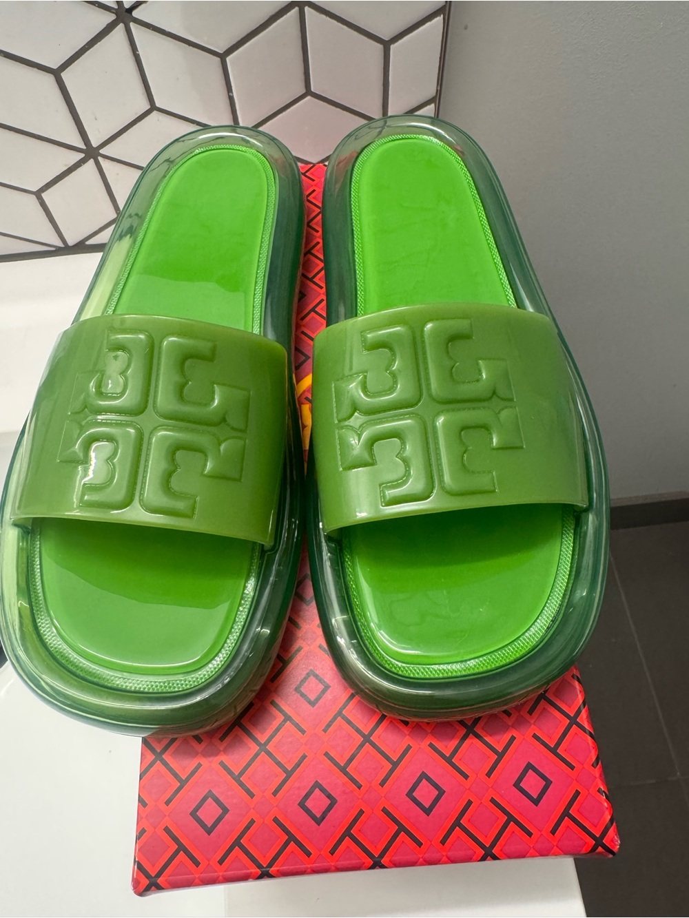 Tory Burch Neon Green Slide Sandals